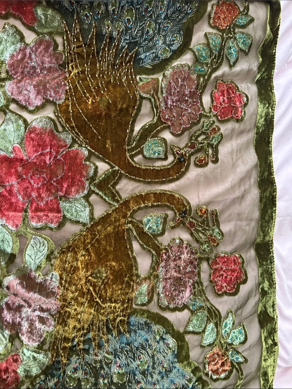 Olive Green Velvet Floral Throw Scarf